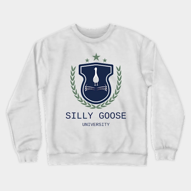 Silly Goose University - Behind Goose Blue Emblem With Green Details Crewneck Sweatshirt by Double E Design